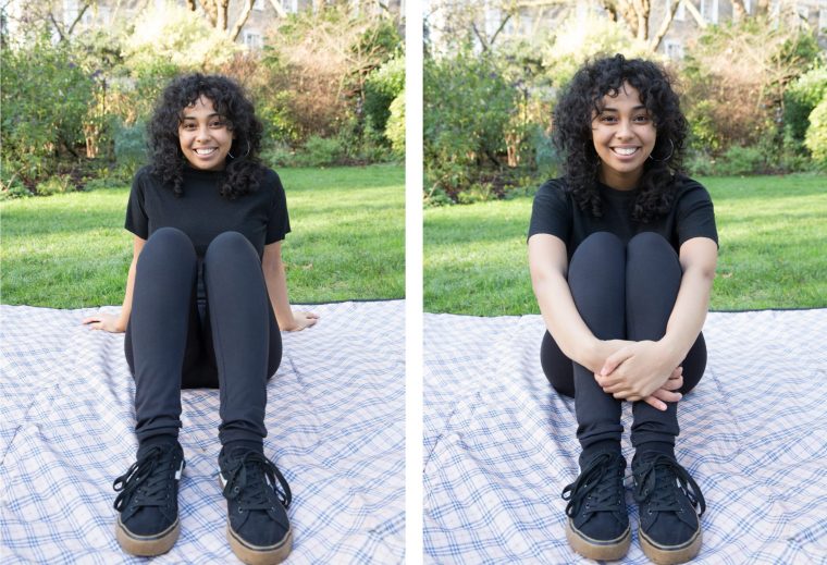 A pair of photos of a woman posing on a picnic blanket sitting in a park. In the first photo, she poses with her legs towards the camera. In the second photo, her legs are still closest to the camera but she brings her head and upper body forward by sitting up and wrapping her arms around her legs.